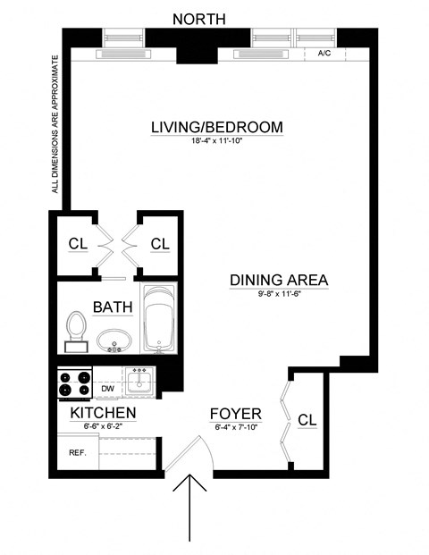 Floor plan for studio, 1 bath, 470 sqft